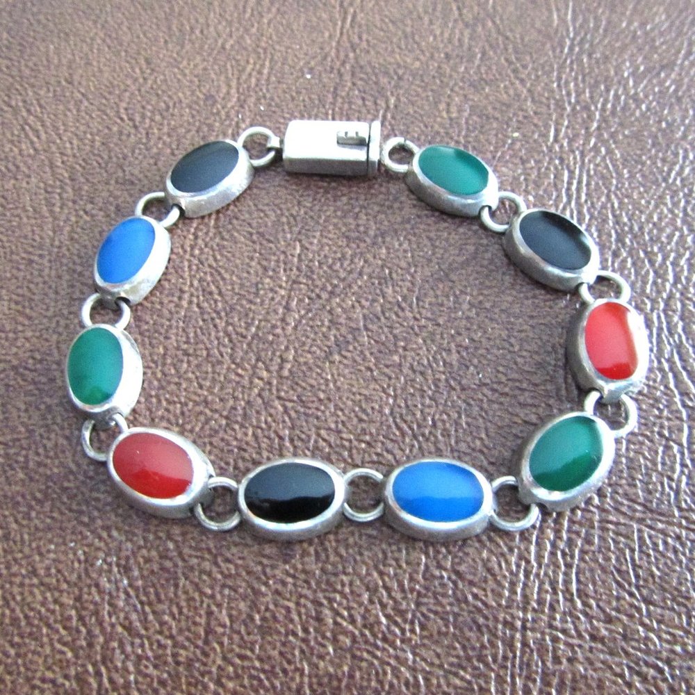 Vintage Colorful Oval Enamel Cabochon Link Thailand CPT 925 Silver 7" Bracelet